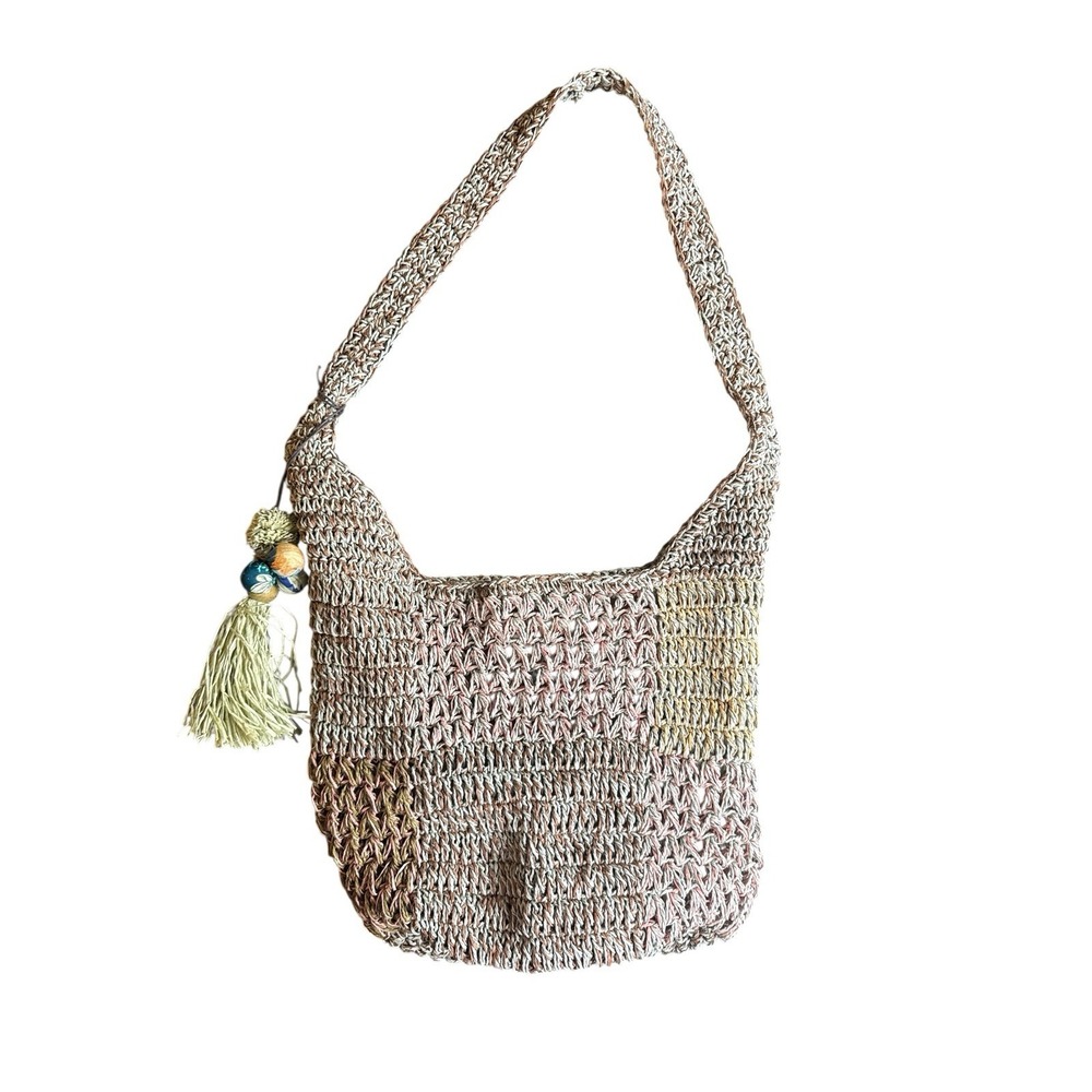 Sun N Sand Crochet Woven Shoulder‎ Bag Women Medium Multicolor Excellent Tassel